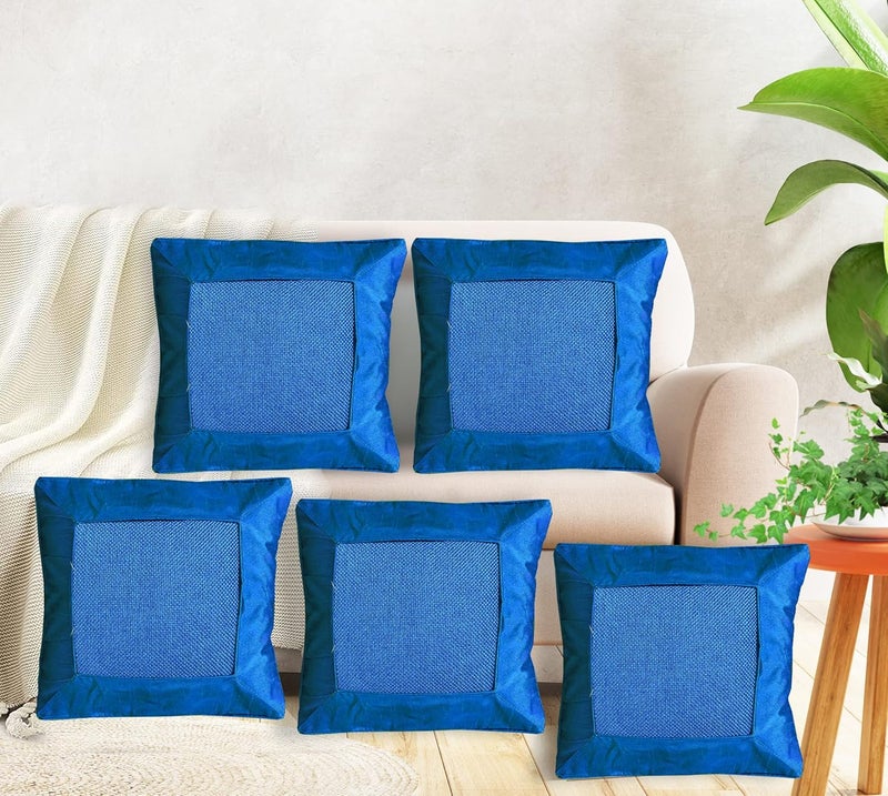 BUNIO Solid Colour Jute Texture Silk Cushion Covers I Foam Padded I Square 16 x 16 inches Set of 5 Pieces Blue