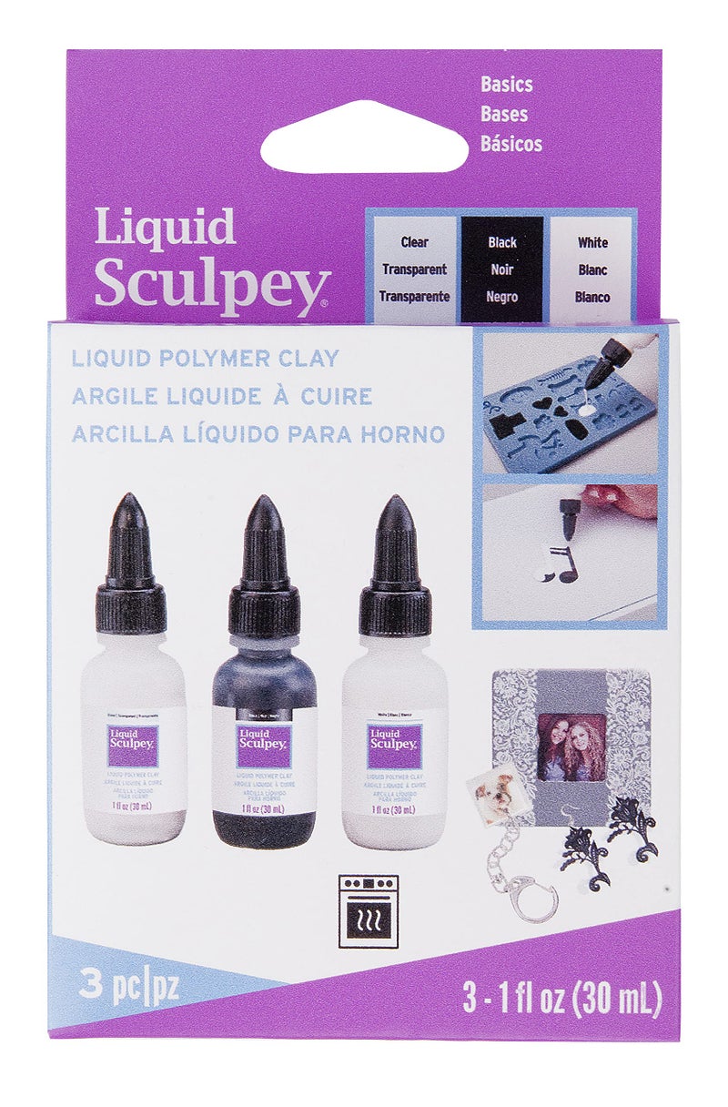 Polyform Liquid Sculpey Liquid Polymer OvenBake Clay Classic Sampler Pack Three 1 oz bottles included White Black and Clear colors Great for jewelry holiday DIY