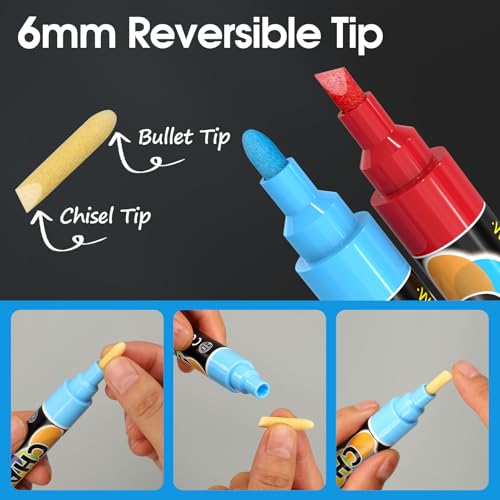 MaxGear Markers الطباشير MaxGear، 8 ألوان قابلة للغسل من الطباشير السائل لسبورة الطباشير، Marker مسح رطب للنوافذ للزجاج 6 مم طرف عكسي و طرف مائل للزجاج، نافذة، مرآة، 8 عدّ (زاهية) - Image 2