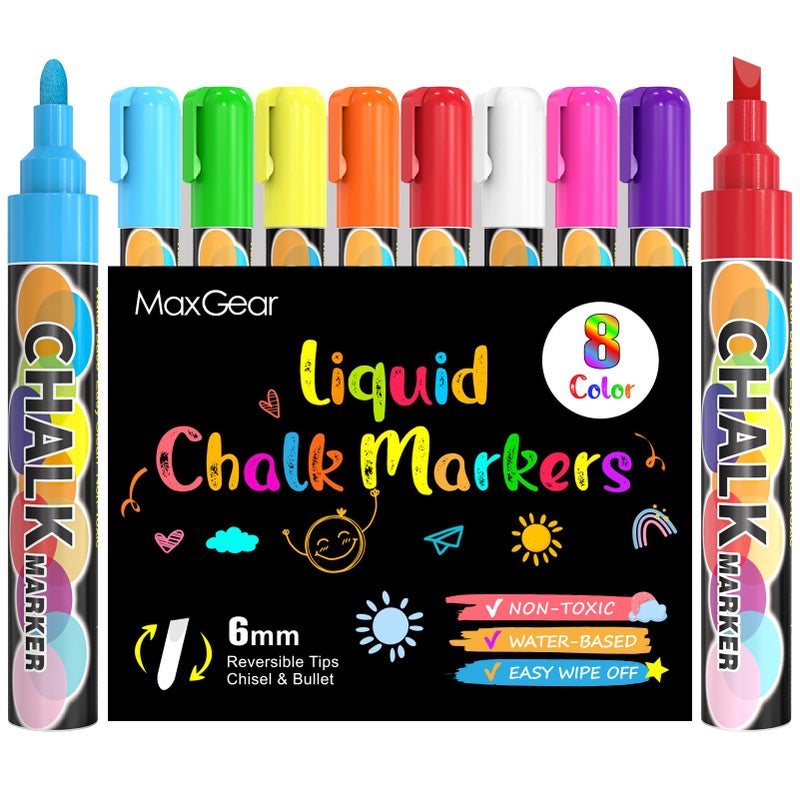 MaxGear Markers الطباشير MaxGear، 8 ألوان قابلة للغسل من الطباشير السائل لسبورة الطباشير، Marker مسح رطب للنوافذ للزجاج 6 مم طرف عكسي و طرف مائل للزجاج، نافذة، مرآة، 8 عدّ (زاهية) - Image 4