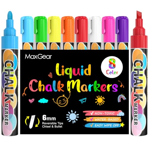 MaxGear Markers الطباشير MaxGear، 8 ألوان قابلة للغسل من الطباشير السائل لسبورة الطباشير، Marker مسح رطب للنوافذ للزجاج 6 مم طرف عكسي و طرف مائل للزجاج، نافذة، مرآة، 8 عدّ (زاهية) - Image 1