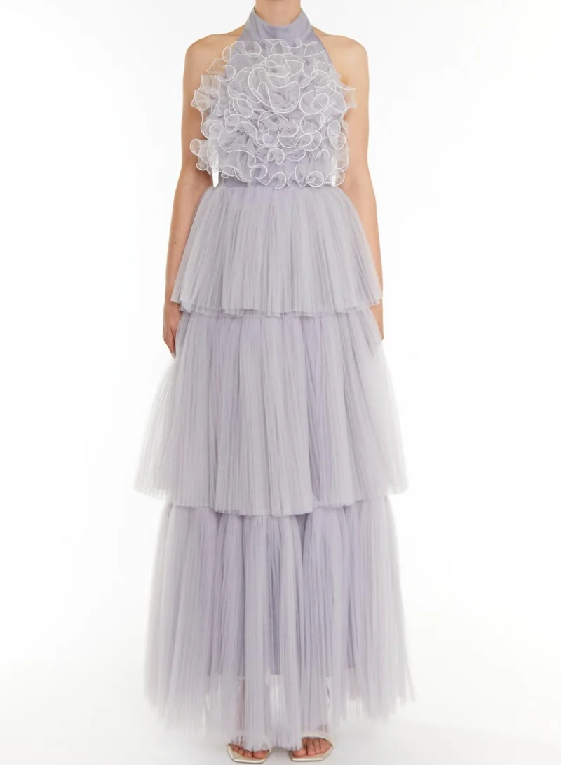 ترو ديكادينس Tiffany Icy Lilac Grey Tiered Ruffle Corsage Maxi Dress
