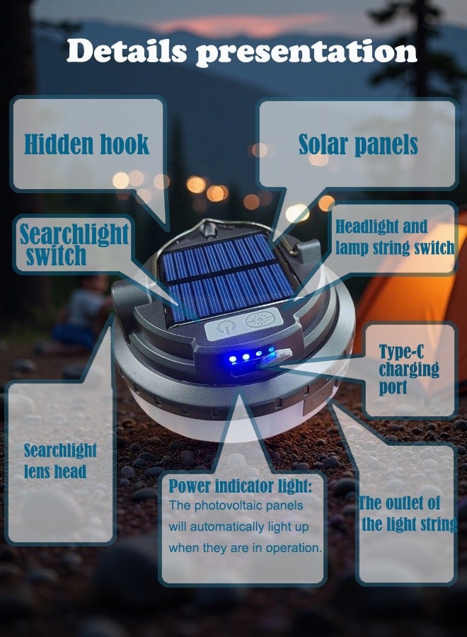 Generic Solar Camping Light Panel: Triple Lighting (Spotlight, Main Light, 10m String Lights) | Type-C Charging | Waterproof - Image 2