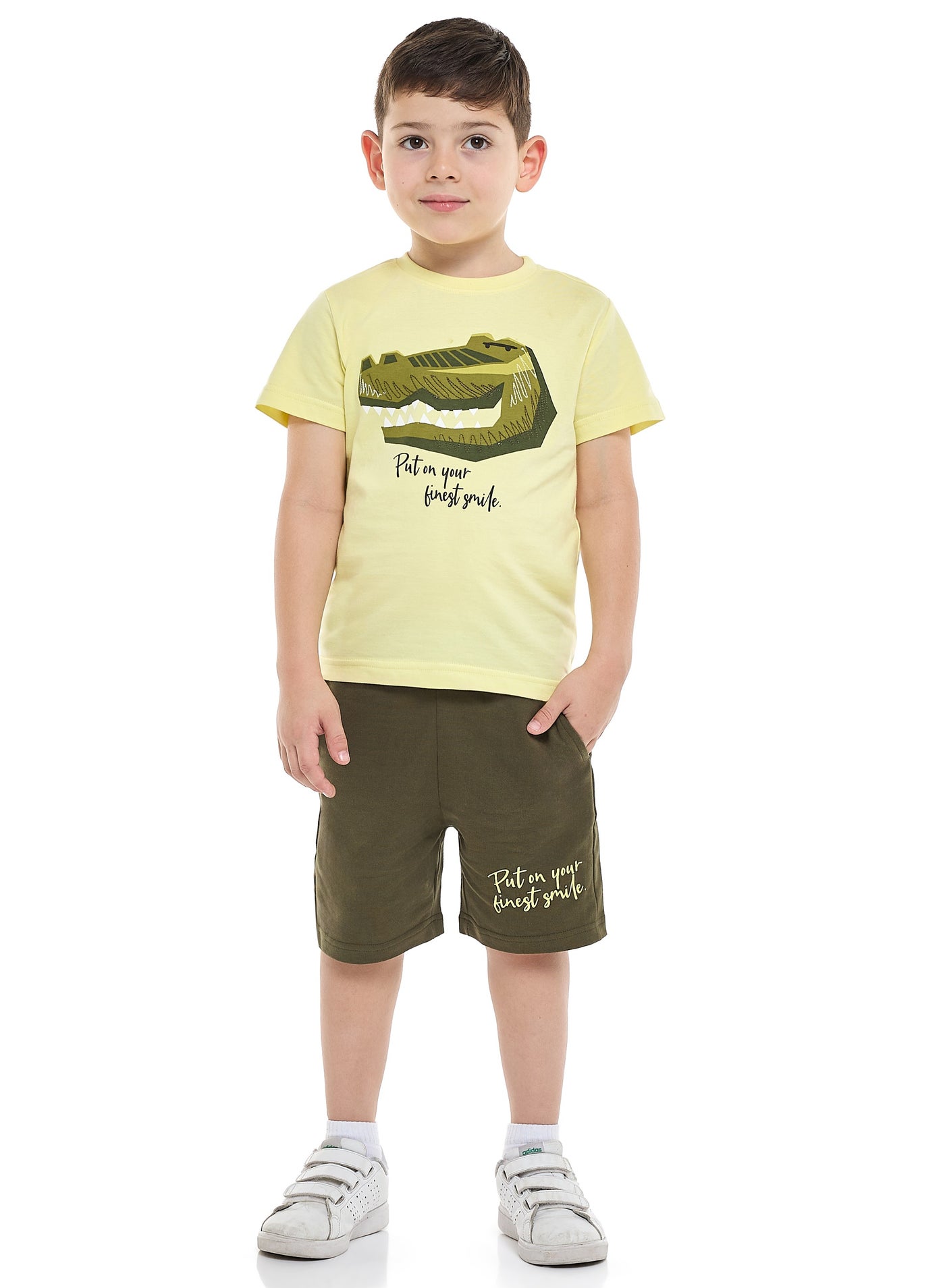 Victor and Jane Printed T-Shirt & Pull-On Shorts with Pockets - Olive
