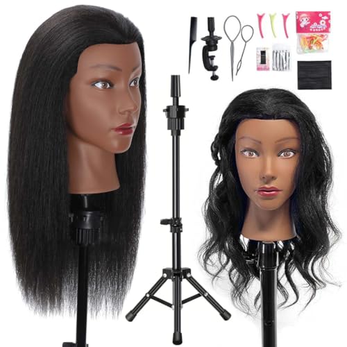 MQHIHI Mannequin Head Human Hair with Tripod Stand 100 Real Hair Cosmetology Manikin Doll Head for Hairdresser Practice Braiding with Tripod Set and Tools 18 Inch - Image 1