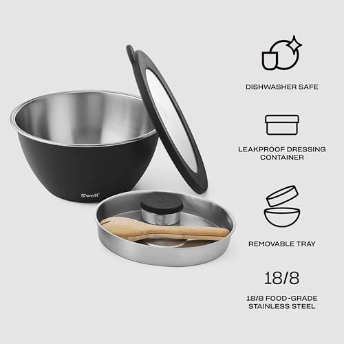 S'well Stainless Steel Salad Bowl Kit XL 184oz, Onyx, Includes 5oz Canister For Dressing, Serving Utensils, and Removable Tray, Leakproof, Easy to Clean, Dishwasher and Refrigerator Safe - Image 4