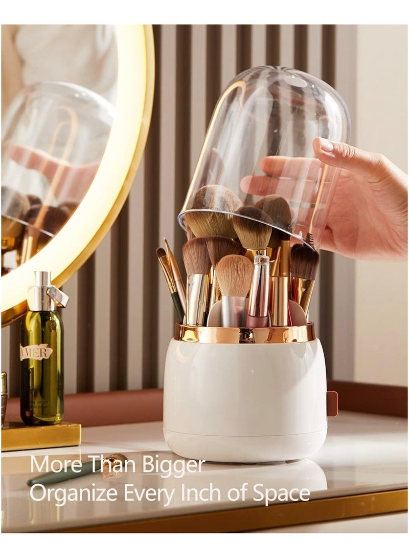 Lebenrich Rotating Makeup Brush Holder Organizer with Lid, Spinning Brush Holder Makeup Organizer with Clear Cover, Acrylic Cosmetics Make Up Brushes Storage Cup Container for Vanity - Image 1
