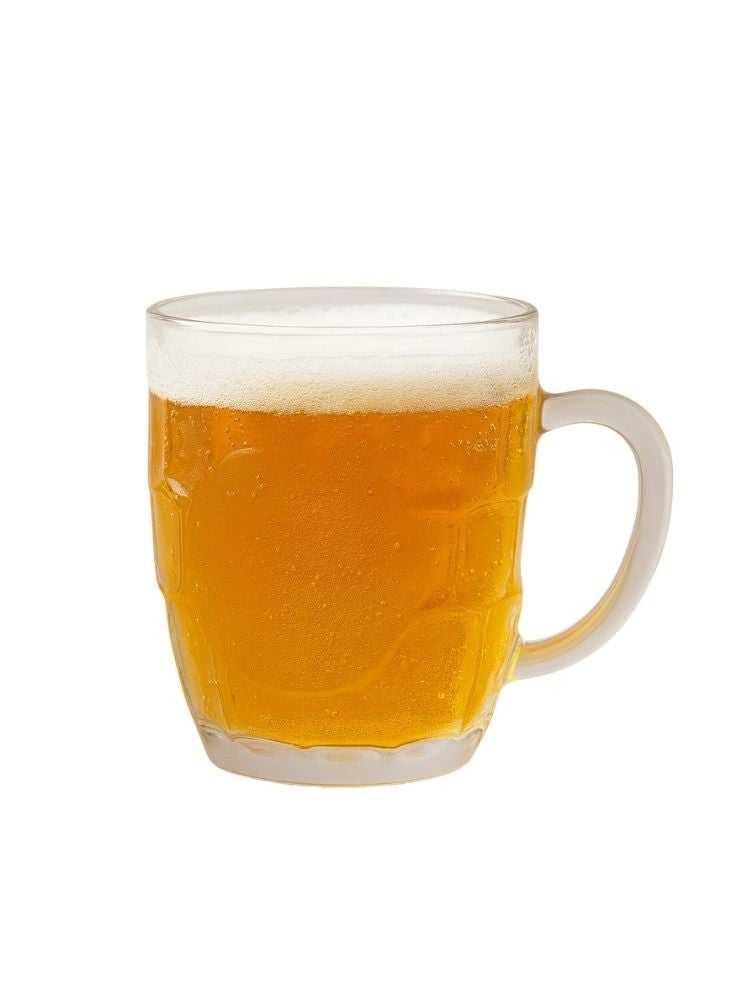 إبريق بيرة ألماني كلاسيكي – كوب زجاجي بلون كهرماني فاتح مع مقبض، قطعة مميزة قابلة للاقتناء