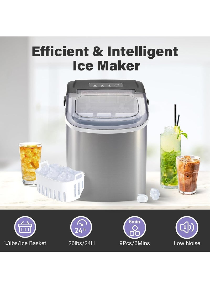 Generic Portable Ice Maker for Countertop, 6 Mins 9 Ice Cubes, 26lbs Ice/24H, Self-Cleaning, with Ice Spoon and Basket, for Home/Kitchen/Office/Camping/Party, Silver  - Image 3