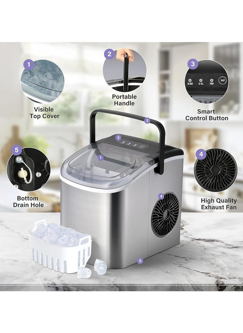 Generic Portable Ice Maker for Countertop, 6 Mins 9 Ice Cubes, 26lbs Ice/24H, Self-Cleaning, with Ice Spoon and Basket, for Home/Kitchen/Office/Camping/Party, Silver  - Image 4