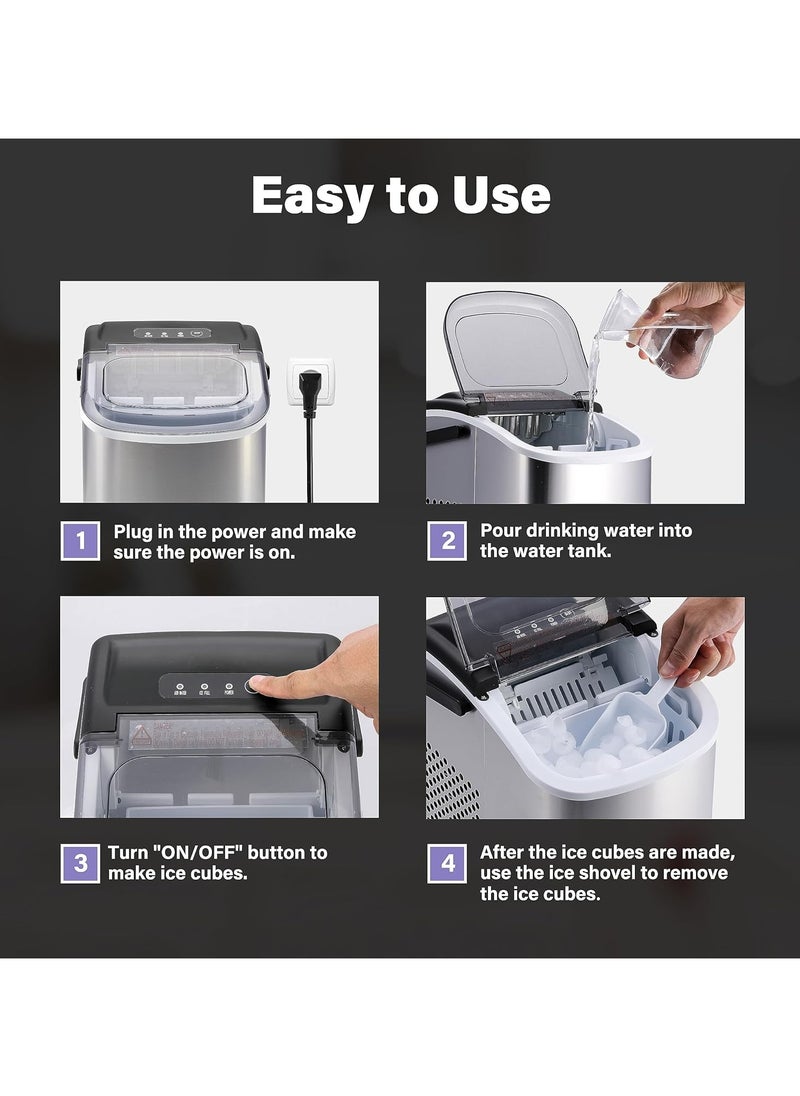 Generic Portable Ice Maker for Countertop, 6 Mins 9 Ice Cubes, 26lbs Ice/24H, Self-Cleaning, with Ice Spoon and Basket, for Home/Kitchen/Office/Camping/Party, Silver  - Image 5