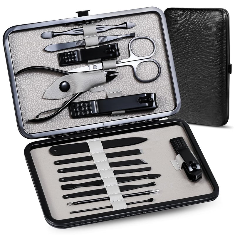 QLNE High Precision Stainless Steel Nail Clippers Set - 15 Pcs Manicure Pedicure Kit With File, Sharp Scissors, and Cutter for Fingernails & Toenails - Stylish Light Gray Case - Image 1