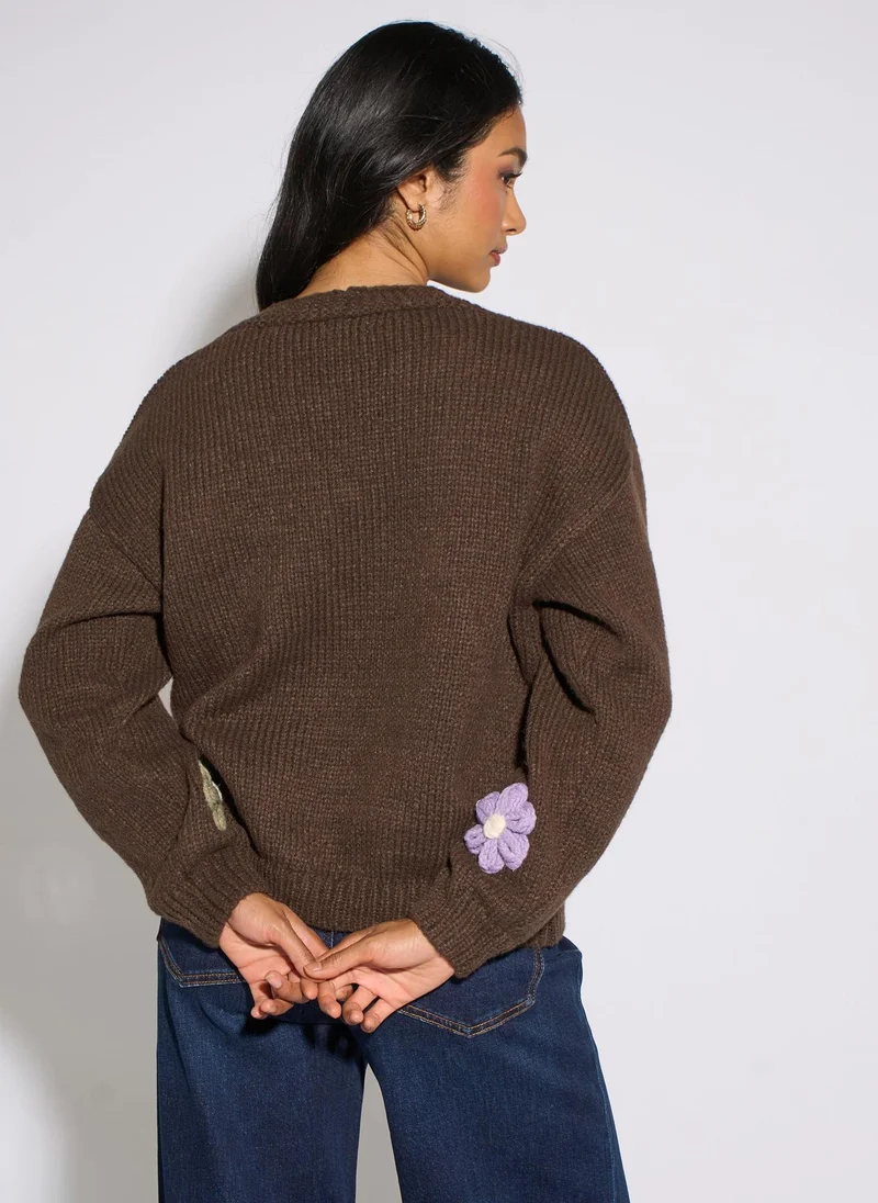 Gini London Brown 3D Floral Long Sleeves Knit Cardigan