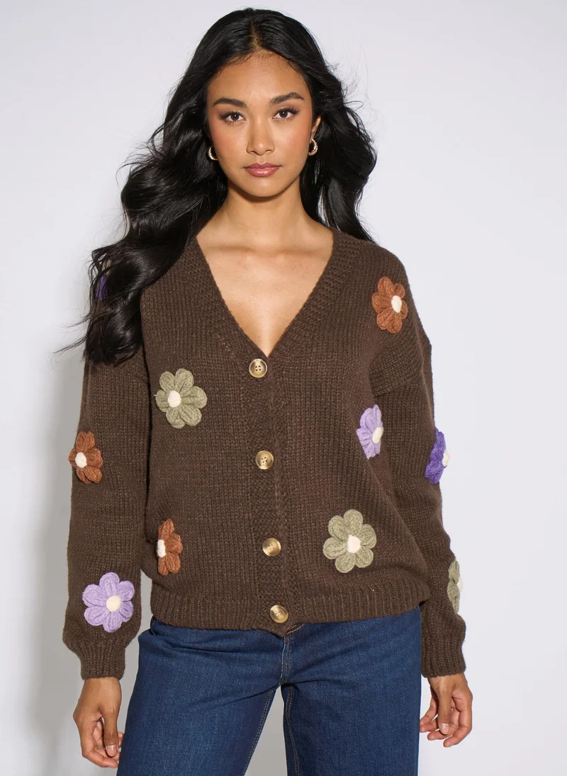 Gini London Brown 3D Floral Long Sleeves Knit Cardigan