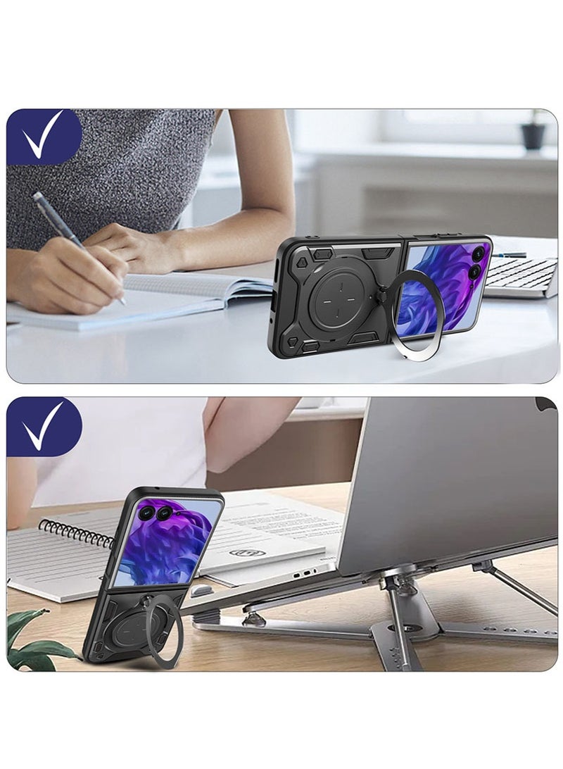 Case Cover For Motorola  Razr  50  5G , Slide Camera Lens Cover, 360°Rotating Kickstand Ring, Bumper Shockproof Phone Cover，Compatible with Car Magnetic Mount Mobile Phone Back Cover,Black. - Image 3
