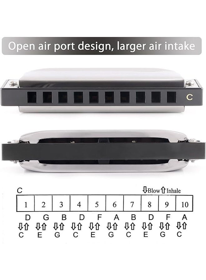 Swan 10 Hole C Blues Harmonica for Kids Adults, Beginner Diatonic Metal Blues Harp, Easy To Play Instrument, Mouth Organ in Case, Silver - Image 3