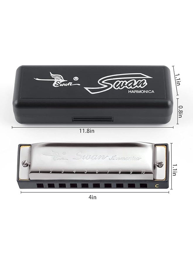 Swan 10 Hole C Blues Harmonica for Kids Adults, Beginner Diatonic Metal Blues Harp, Easy To Play Instrument, Mouth Organ in Case, Silver - Image 5