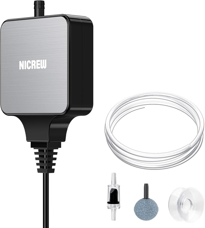 NICREW Nano Silent Aquarium Air Pump Black, Aquarium Aerator with Accessories for Up to 10 Gallon Fish Tank, Super Quiet, 0.3 L/min, 1.5 Watts - Image 1