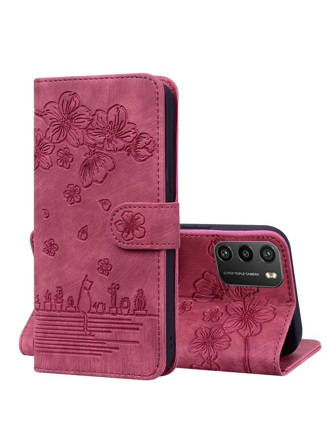 The Bros Case For Xiaomi Poco M3 / Redmi 9T Global Cartoon Sakura Cat Embossed Leather Phone Case