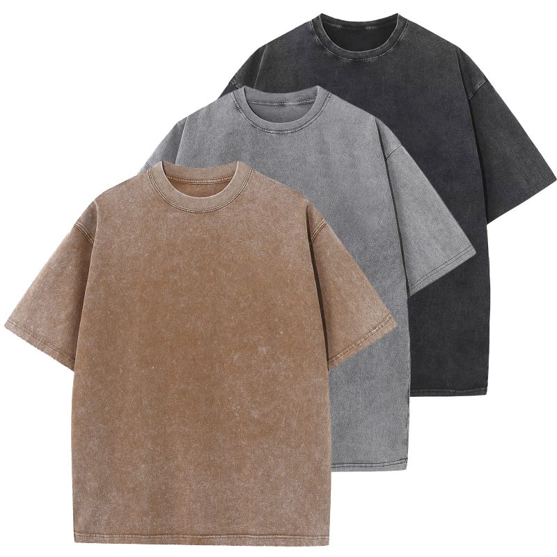 KEEPSHOWING 3 Pcs Oversized Heavy Cotton Summer T-Shirts Vintage Unisex Short Sleeves Casual Loose Basic Tops(A-Coffee+Grey+Black 2XL) - Image 1