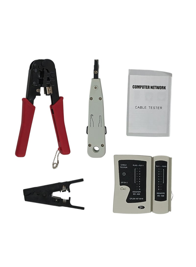 هاي-تيك شنطة أدوات الشبكة – فيها جهاز فحص كيابل (RJ11 / RJ12 / RJ45)، وأداة كبس، وأداة تركيب IDC، ومعاها أداة تعرية وقص الأسلاك. كل اللي تحتاجه لإصلاح وصيانة شبكة الإيثرنت في طقم واحد متكام - Image 1
