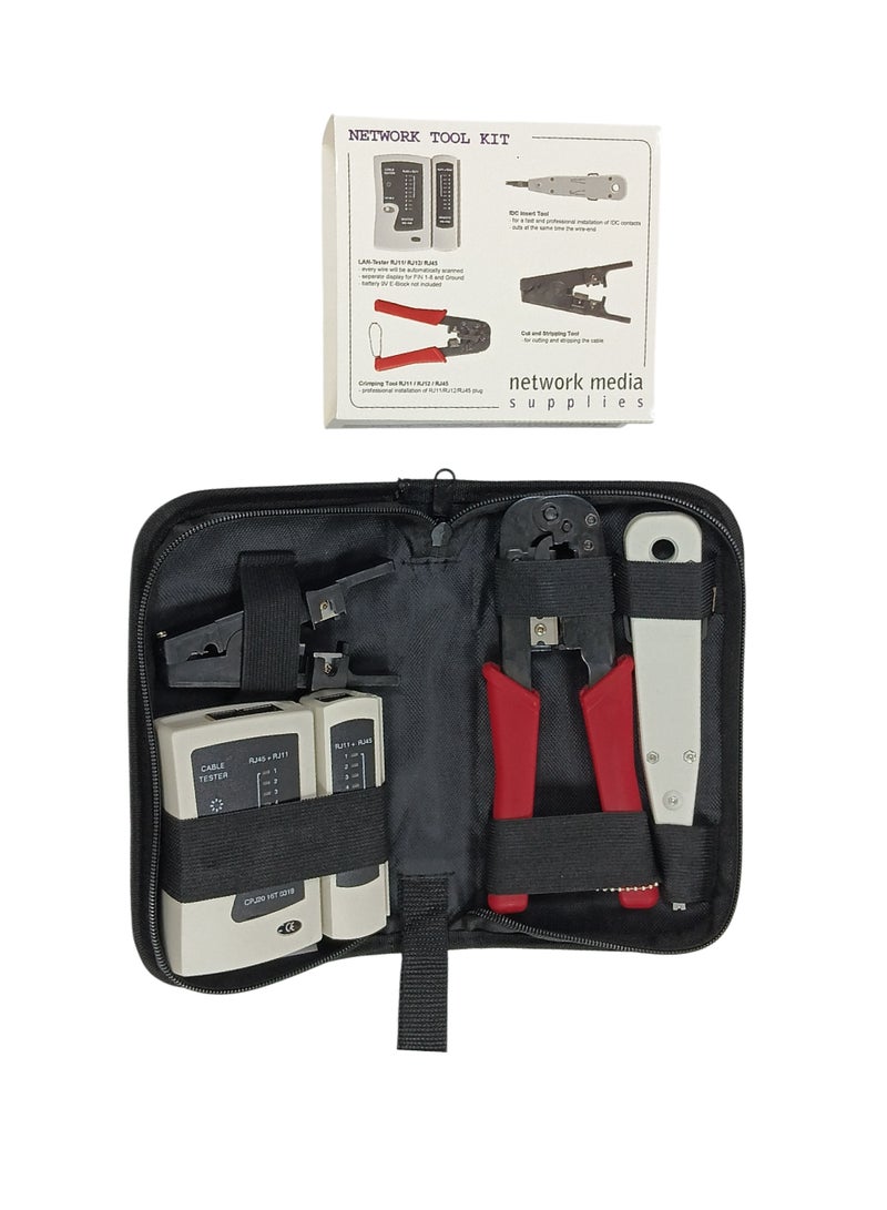 هاي-تيك شنطة أدوات الشبكة – فيها جهاز فحص كيابل (RJ11 / RJ12 / RJ45)، وأداة كبس، وأداة تركيب IDC، ومعاها أداة تعرية وقص الأسلاك. كل اللي تحتاجه لإصلاح وصيانة شبكة الإيثرنت في طقم واحد متكام - Image 3