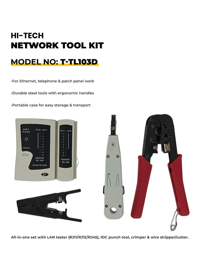 هاي-تيك شنطة أدوات الشبكة – فيها جهاز فحص كيابل (RJ11 / RJ12 / RJ45)، وأداة كبس، وأداة تركيب IDC، ومعاها أداة تعرية وقص الأسلاك. كل اللي تحتاجه لإصلاح وصيانة شبكة الإيثرنت في طقم واحد متكام - Image 2