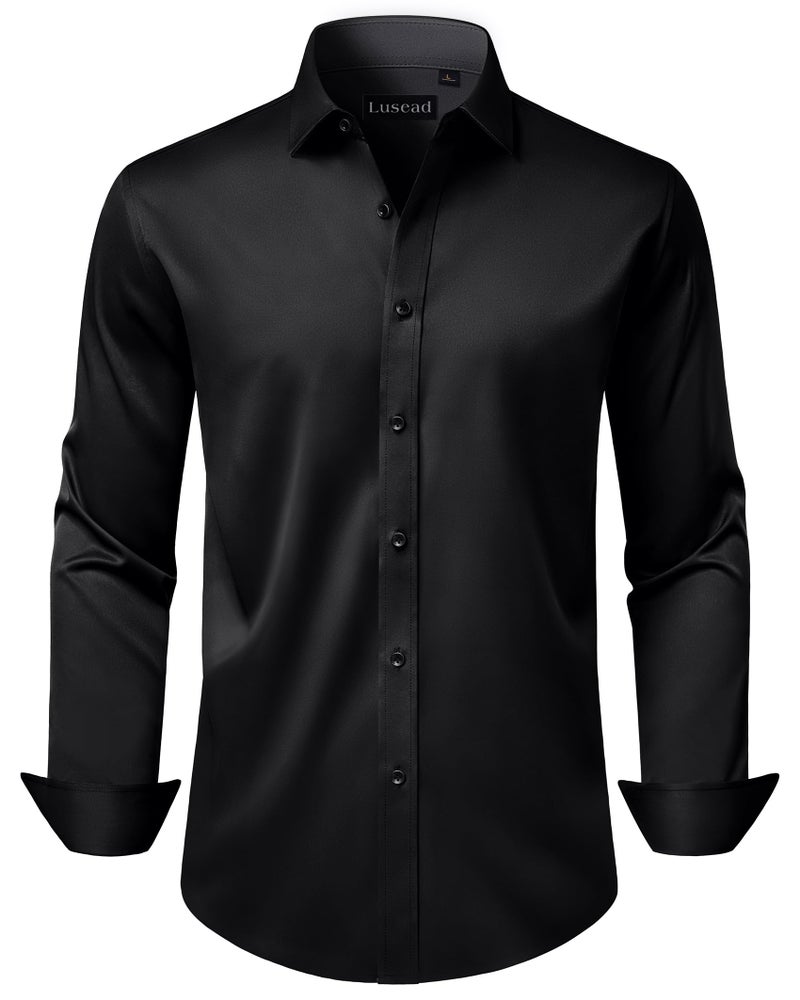 Lusead Black Button Up Shirt Men Wedding Long Sleeve Slim Fit Stretch Wrinkle Formal Satin Tuxedo Business Men Dress Shirt - Image 1
