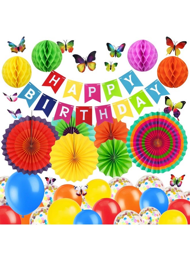 ZERODECO ZERODECO Multicoloured Birthday Decorations, 3D Butterfly Wall Decor Colorful Paper Honeycomb Fans Pompoms Balloons for Kids Baby Adults Boys Girls Multicoloured Birthday Party Decorations  - Image 1