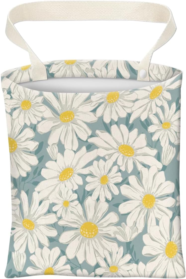 ABUIFDK Car Trash Can, Cute Car Trash Bag, Hanging Car Organizer and Storage Bag, Trash Bin for Car Accessories, Vehicle, Travelling, Camping Cute Blue White Daisy - Image 1