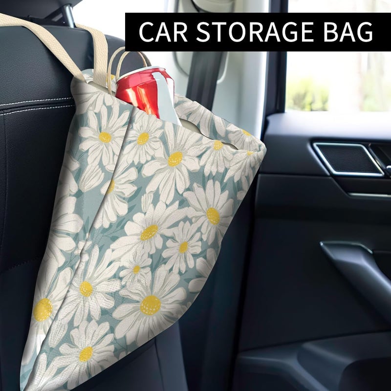 ABUIFDK Car Trash Can, Cute Car Trash Bag, Hanging Car Organizer and Storage Bag, Trash Bin for Car Accessories, Vehicle, Travelling, Camping Cute Blue White Daisy - Image 2