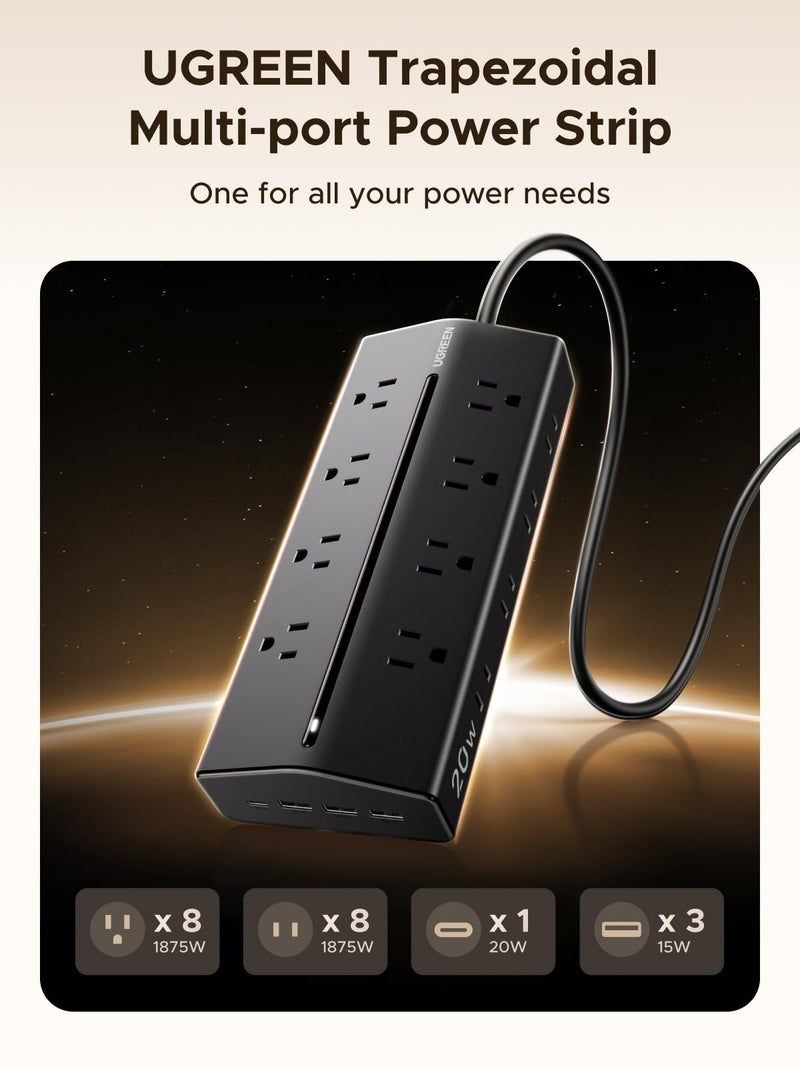 UGREEN Power Strip, 20 in 1 with 20W USB C Fast Charging[16AC + 1USB C + 3USB A][Wider Outlet Spacing] 1.5M Durable Extension Cord for Home/Office/Dorm/Travel, TUV Listed - Image 2