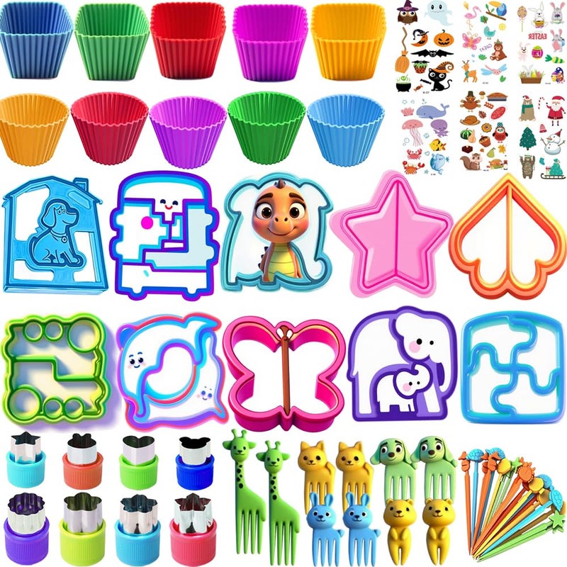 Doiaz Sandwich Bread Cutters Vegetable Shapes for Lunch Bento Box Accessories Kit Includes Fruit Cutter, Animal Food Picks, Cookie Cutters, Fun Stickers, Easy to Use - Image 1
