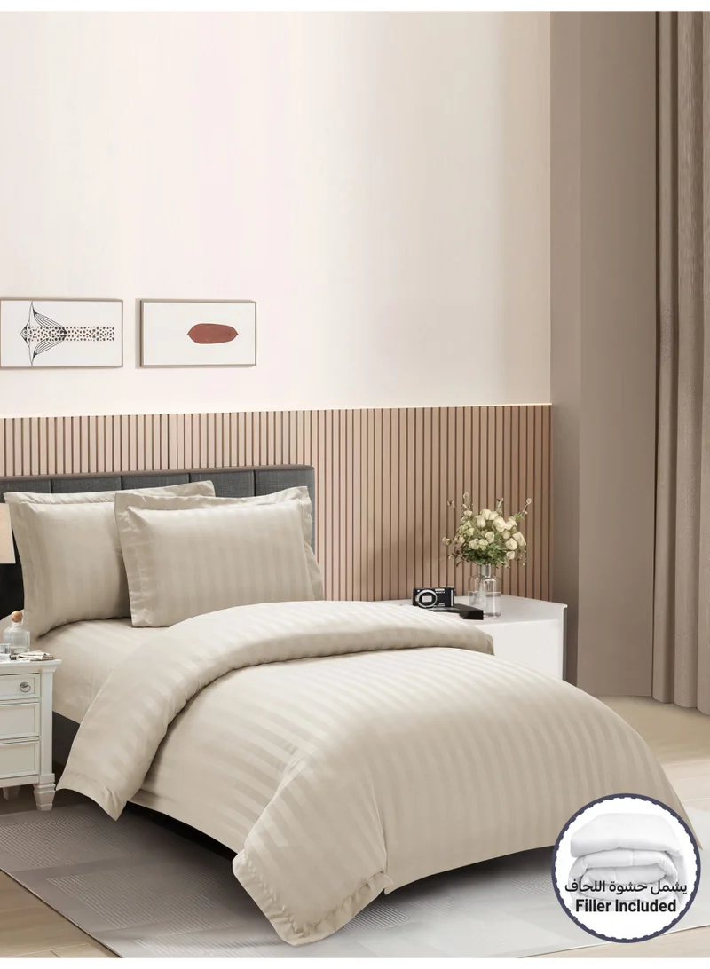 Donetella Hotel Striped Comforter Set, Fits 140x200 cm Size Bed, Removable Duvet Filler Included, 5-Pcs Single Size, 350 GSM Filling.