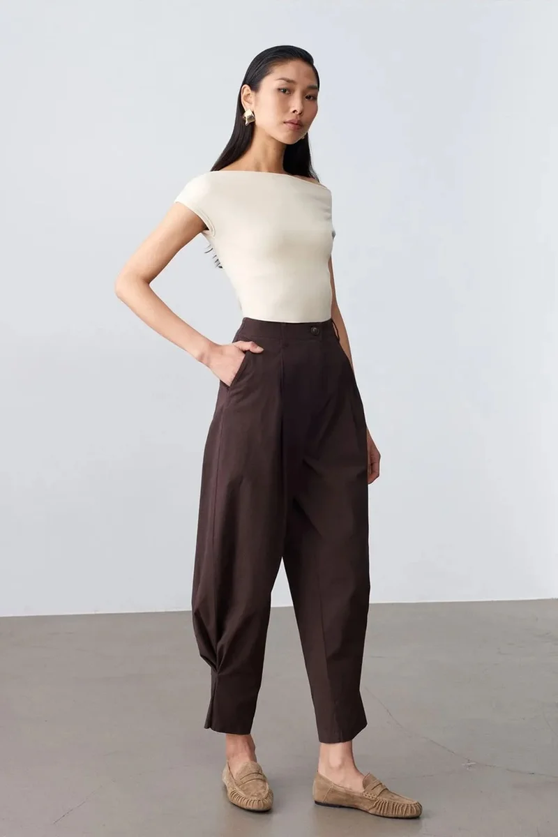 Dilvin Coffee Brown DILVIN Women’s High-waist Wide-leg Poplin Trousers for Women | Best Price UAE