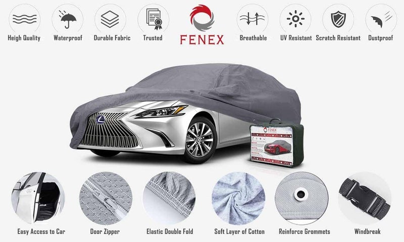 Fenex Car Cover [XXLarge] – All-Weather Protection | Waterproof, UV-Resistant, Dustproof, Breathable | Indoor/Outdoor Use | Door Zipper & Mirror Pockets | Fits Sedan cars (558 × 203 × 121 cm) - Image 2