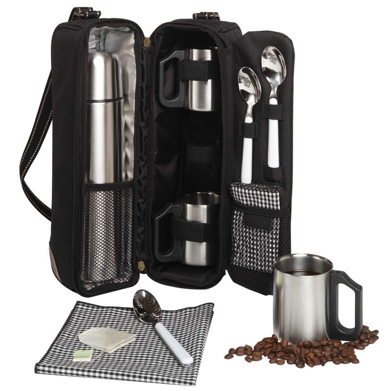 Picnic at Ascot Picnic at Ascot Travel Coffee Tote for 2  Including Stainless Vacuum Flask Cups and Teaspoons  Designed  Assembled in the USA