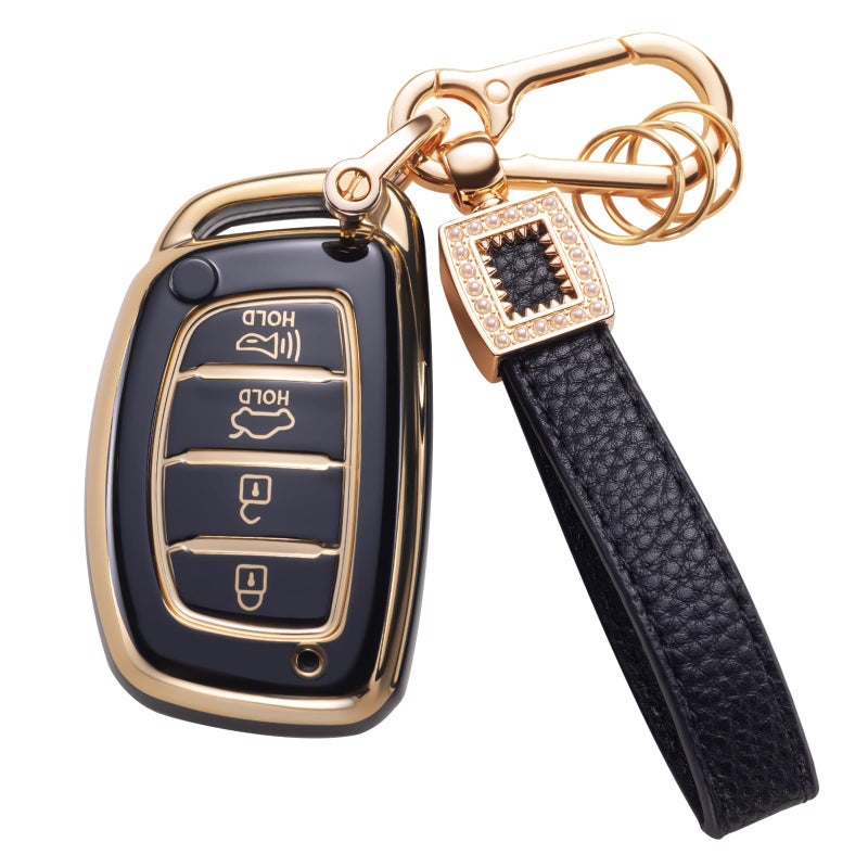 CACARLIKE for Hyundai Key Fob Cover with Leather Lanyard Car Key Fob Case Compatible with Hyundai 20152017 Sonata 20132015 Santa Fe Tucson Smart Key Protector Holder