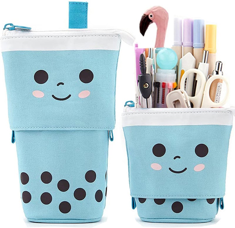 FINEMOE Polyester Standing Case Cute Pencil Pouch For Girls&Boys-Korean Boba Pop Up Stationery Makeup Cosmetic Organizer Box,Pen Pencil Pouches For Stationary Boys Kids Women School Students(Blue) - Image 1