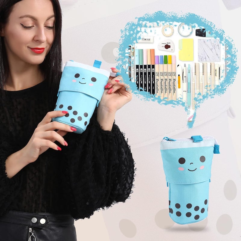 FINEMOE Polyester Standing Case Cute Pencil Pouch For Girls&Boys-Korean Boba Pop Up Stationery Makeup Cosmetic Organizer Box,Pen Pencil Pouches For Stationary Boys Kids Women School Students(Blue) - Image 3