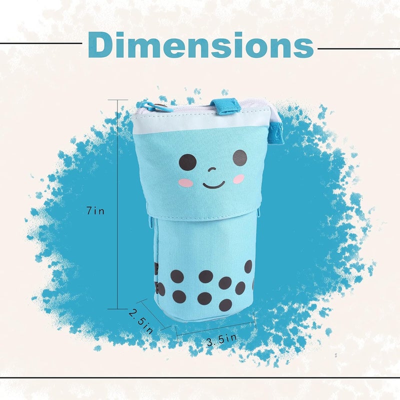 FINEMOE Polyester Standing Case Cute Pencil Pouch For Girls&Boys-Korean Boba Pop Up Stationery Makeup Cosmetic Organizer Box,Pen Pencil Pouches For Stationary Boys Kids Women School Students(Blue) - Image 5