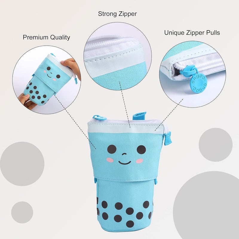 FINEMOE Polyester Standing Case Cute Pencil Pouch For Girls&Boys-Korean Boba Pop Up Stationery Makeup Cosmetic Organizer Box,Pen Pencil Pouches For Stationary Boys Kids Women School Students(Blue) - Image 2