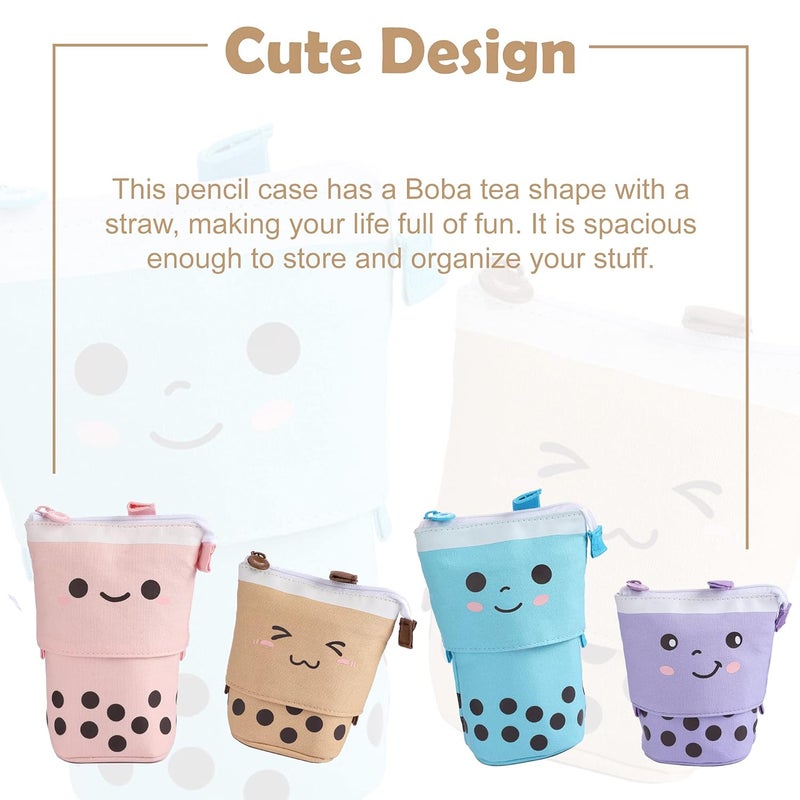 FINEMOE Polyester Standing Case Cute Pencil Pouch For Girls&Boys-Korean Boba Pop Up Stationery Makeup Cosmetic Organizer Box,Pen Pencil Pouches For Stationary Boys Kids Women School Students(Blue) - Image 4