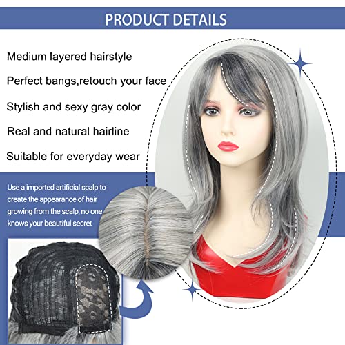 TISHINING Grey Wigs for White Women Medium Length Layered Silver Gray Wavy Wig with Bangs Natural Looking Heat Synthetic Side Part Salt and Pepper Wigs for Women - Image 3
