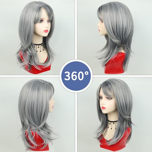 TISHINING Grey Wigs for White Women Medium Length Layered Silver Gray Wavy Wig with Bangs Natural Looking Heat Synthetic Side Part Salt and Pepper Wigs for Women - Image 2