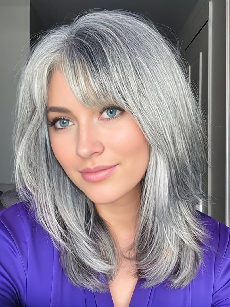 TISHINING Grey Wigs for White Women Medium Length Layered Silver Gray Wavy Wig with Bangs Natural Looking Heat Synthetic Side Part Salt and Pepper Wigs for Women - Image 1