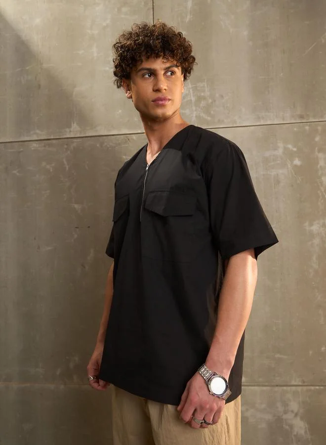 SASSAFRAS SASSAFRAS Black Poplin Front Zipper Relax Fit Shirt