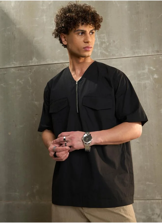 ساسافراس Sassafras Black Poplin Front Zipper Relax Fit Shirt