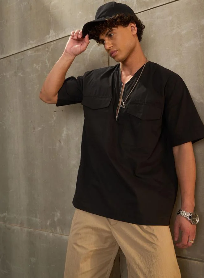 SASSAFRAS SASSAFRAS Black Poplin Front Zipper Relax Fit Shirt