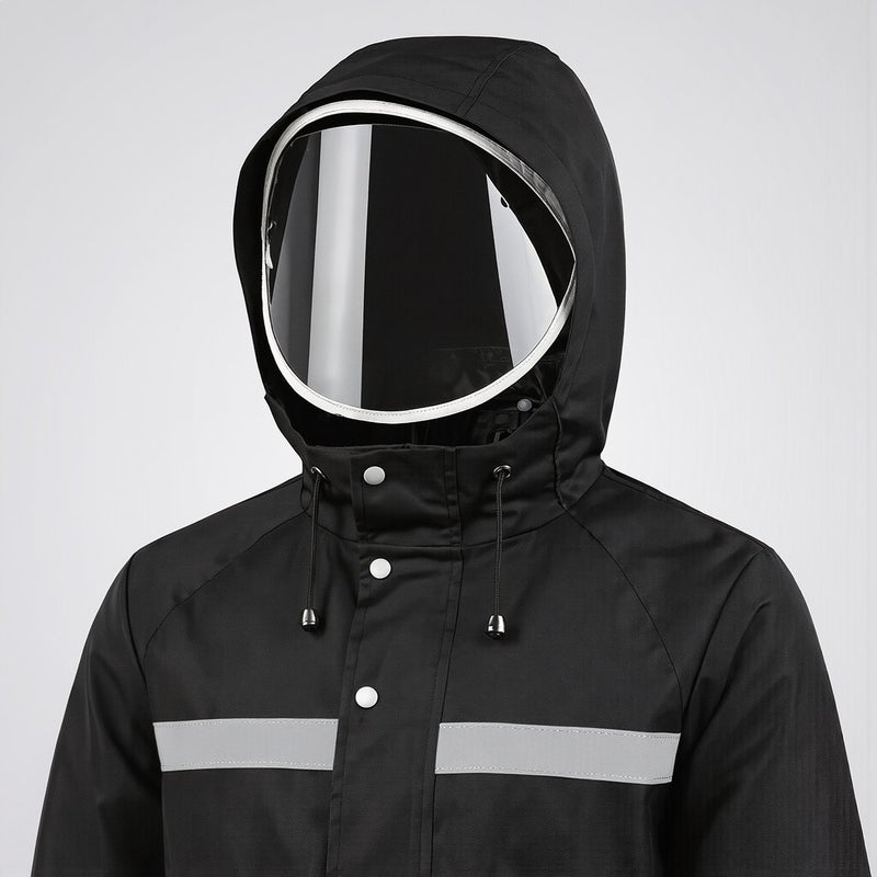 Long Rain Coat M Size Black Polyester Waterproof Rainwear Reflective Strip For Work - Image 4